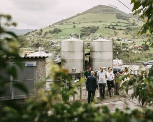 Turistas en las instalaciones exteriores del llagar de sidra Trabanco