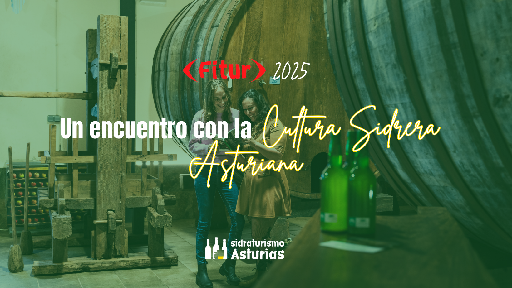 Cartel Fitur 2025: un encuentro con la cultura sidrera asturiana, fondo imagen dos mujeres en un llagar mirando un libro