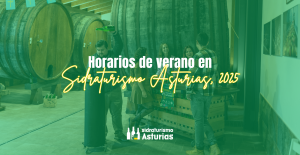 Cabecera horarios verano, foto fondo personas en un llagar de sidra asturiano