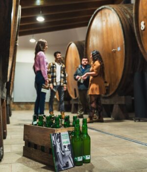 Sidraturismo-28 Al fondo se ven personas realizando una visita en un llagar de sidra en Asturias, en primer plano se ve caja de sidra con botellas y libro